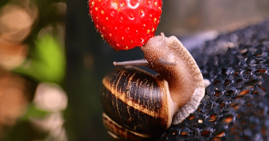Answering the question, do snails have teeth? A picture depicting what snails eat, like strawberries.